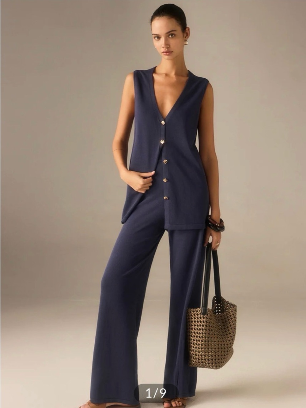 Sleeveless V-Neck Button Front Top Knit Set in Navy